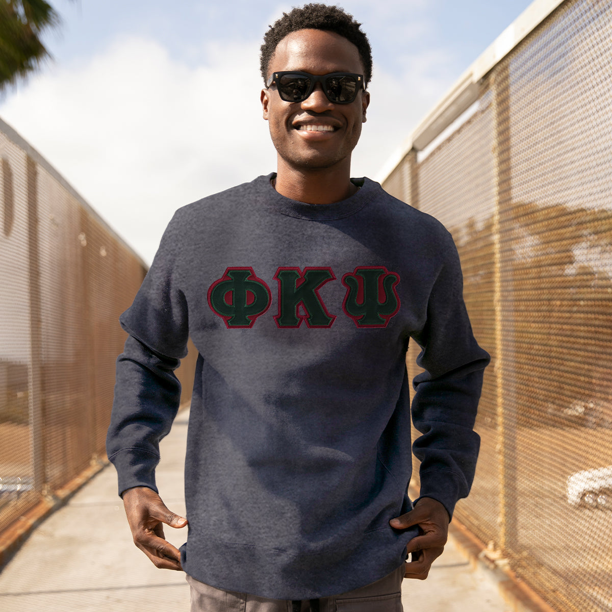 Phi Psi Dark Heather Crew Neck Sweatshirt with Sewn On Letters